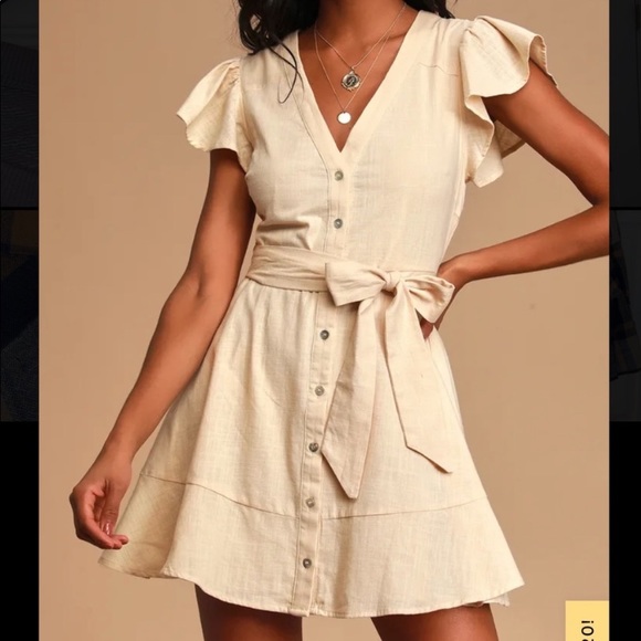 Lulus beige belted mini dress Sz L - Picture 1 of 8